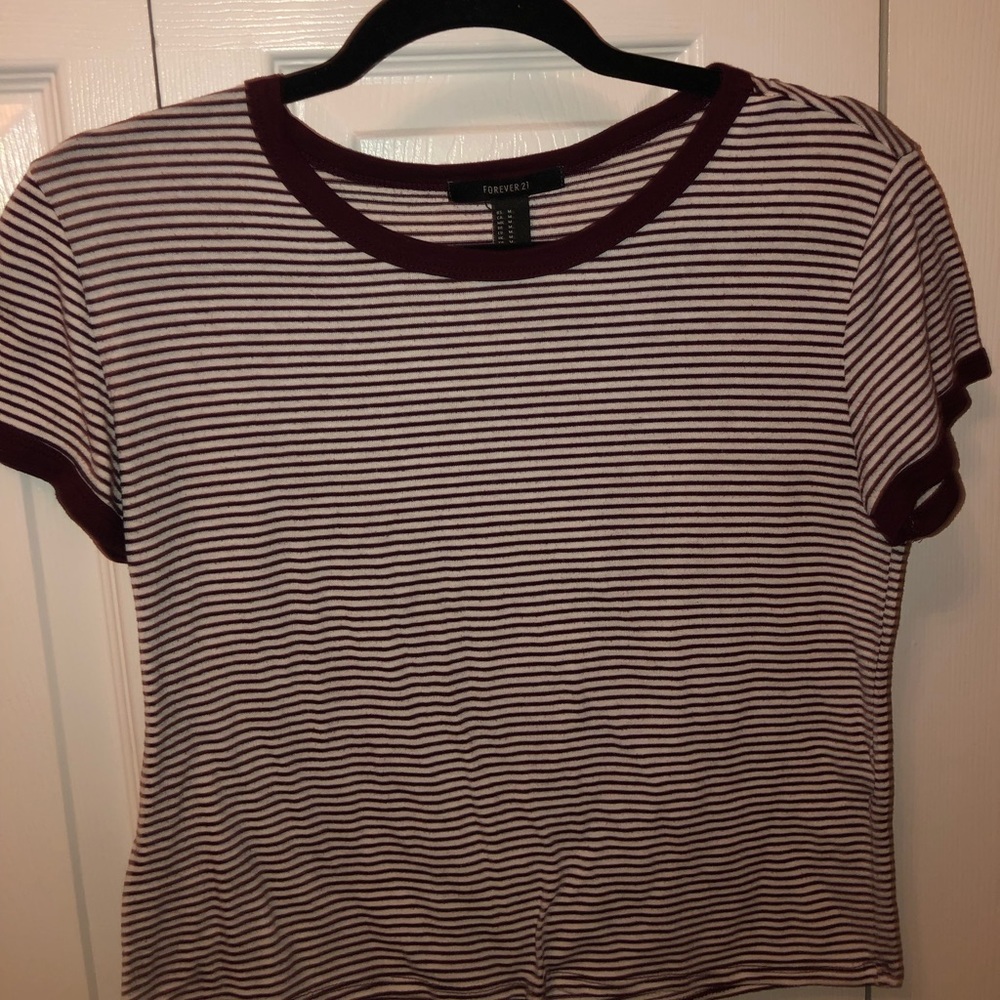 maroon and white stripped crop(ish) top